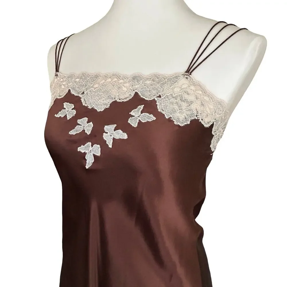 Vintage Silk Lace Trim Negligee Chemise Brown Powder Blue Small - Picture 2 of 8